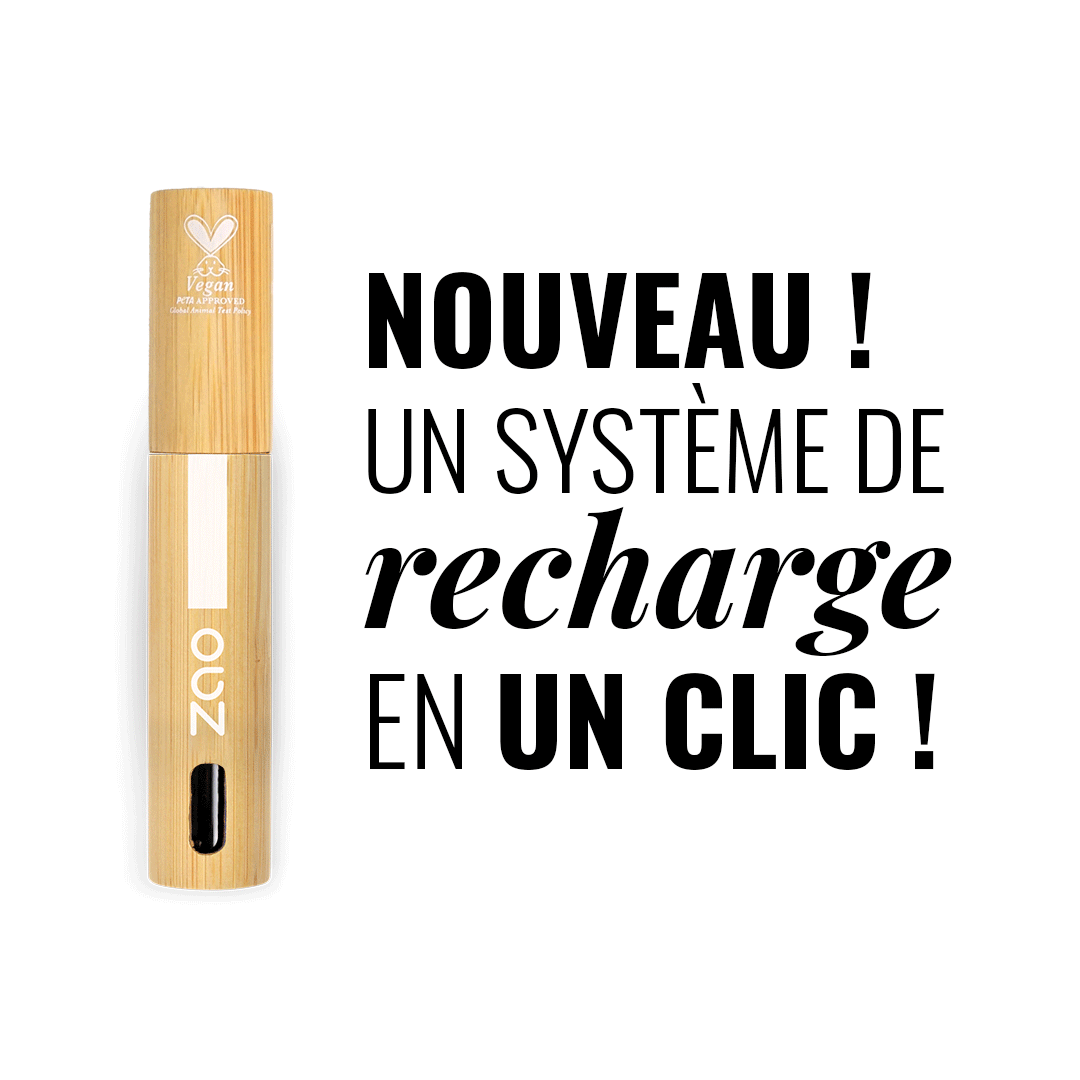 Mascara bio et naturel, dans un tube de bambou, option de recharge. Marque Zao. Teinte de noire, brune et bleu